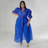 Plus Size Solid Shirts Mesh Splice Perspective Maxi Dress NNWF-7681