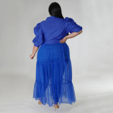 Plus Size Solid Shirts Mesh Splice Perspective Maxi Dress NNWF-7681