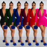 Velvet V Neck Shoulder Pads Long Sleeve Mini Dress BY-6038