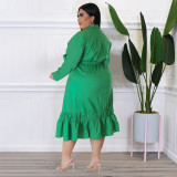 Plus Size Solid Bow Tie Loose Ruffles Casual Dress NNWF-7679