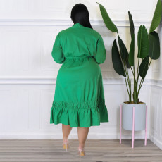 Plus Size Solid Bow Tie Loose Ruffles Casual Dress NNWF-7679