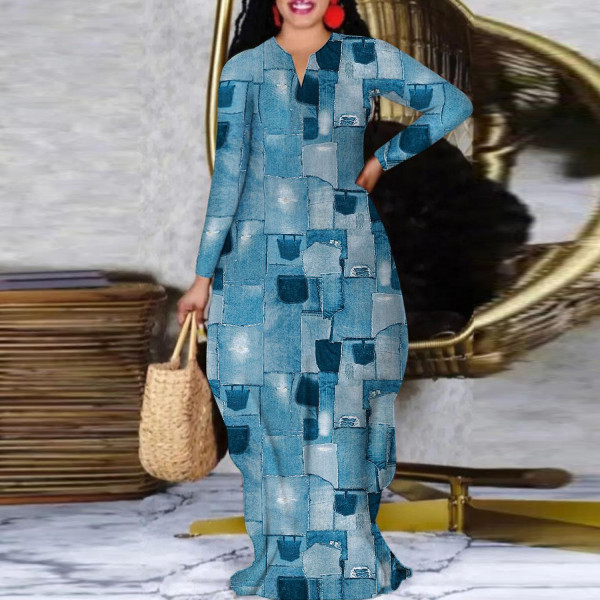 Plus Size Print Long Sleeve Slim Maxi Dress NY-10308