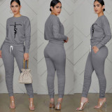 Fashion Print Long Sleeve Ruched Pant Two Piece Set TE-2064
