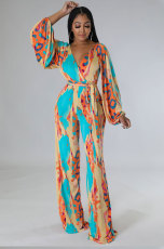 Fashion Print Long Sleeve Straight Jumpsuit XHXF-8653