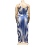 Plus Size Striped Loose Sling Maxi Dress With Belt OSIF-19258