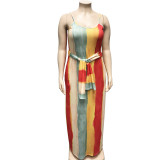 Plus Size Striped Loose Sling Maxi Dress With Belt OSIF-19258