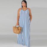 Plus Size Striped Loose Sling Maxi Dress With Belt OSIF-19258