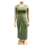Plus Size Solid Color Tight Tank Top And Skirts Two Piece Set OSIF-19316