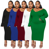 Plus Size Fahion Solid Color Flare Sleeve Long Dress NNWF-7716