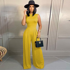 Fashion Solid Color Sleeveless Bodysuits+Wide Leg Pants Suit SHD-9399