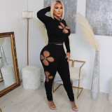 Four Leaf Hollow Out Long Sleeve Two Piece Pant Sets YNSF-1865