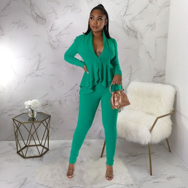 Fashion Solid Ruffles Tops And Pencil Pant 2 Piece Set YF-10303