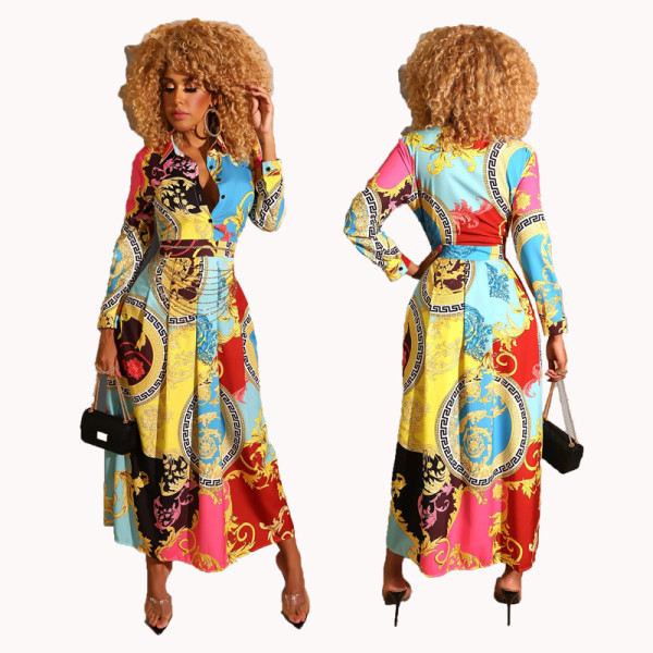 Fashion Printed Long Sleeve Shirt Dress XHXF-888