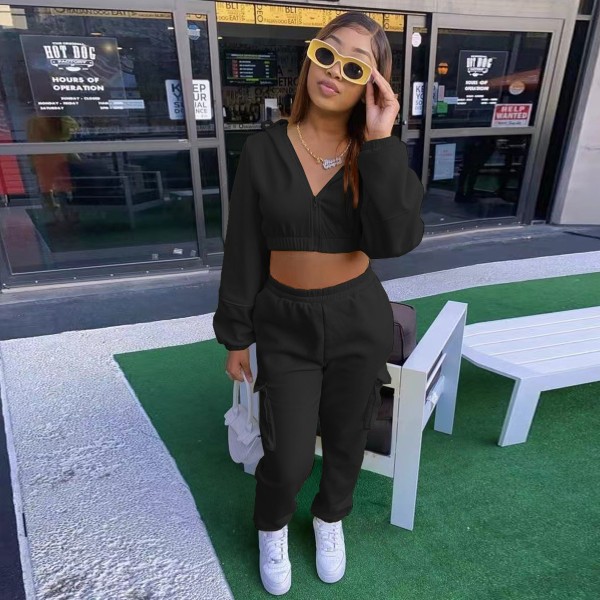 Casual Sport Plush Drawstring Hoodies Two Piece Pants Set JZHF-8123
