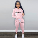 Plush Letter Print Drawstring Hoodies Two Piece Pants Set TK-6261