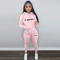 Plush Letter Print Drawstring Hoodies Two Piece Pants Set TK-6261