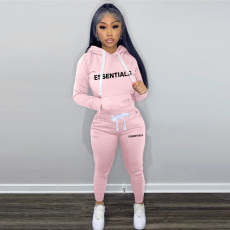 Plush Letter Print Drawstring Hoodies Two Piece Pants Set TK-6261