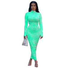 Print Ruched Long Sleeve Midi Dress YF-9598