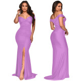 Elegant Sexy Off Shoulder Ruched Slit Evening Dress YF-10062