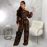 Print Halter Long Sleeve Jumpsuit YF-10291