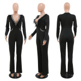Fashion Deep V Feather Splicing Neck Wide Leg Jumpsuit CYA-900151