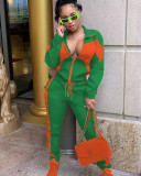 Fashion Color Blocking Zipper Coat And Sports Pant Two Piece Set YD-8669