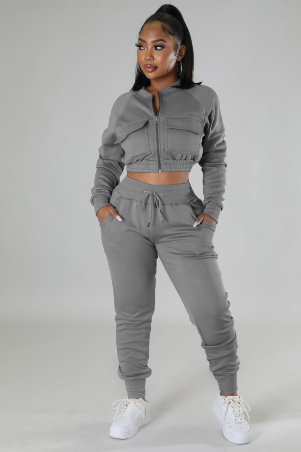 Casual Sports Solid Crop Coat And Pants 2 Piece Set GYLY-9895 