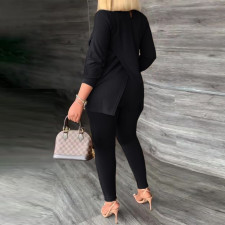 Plus Size Fashion Solid Color Split Tops And Tight Pant Two Piece Set NY-2595