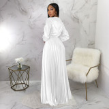 Fashion Solid V Neck Pleated Maxi Dress(With Waist Belt) YF-10334