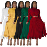 Fashion Puff Sleeve Pullover Ruffles Ruched Skirts Two Piece Set YF-10322