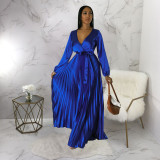 Fashion Solid V Neck Pleated Maxi Dress(With Waist Belt) YF-10334