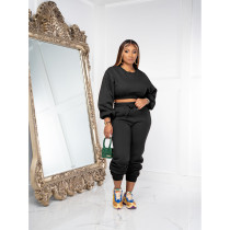 Casual Solid O Neck Short Sweatshirt And Sport Pant Two Piece Set DDF-88189