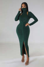 Solid Color High Collar Tank Top And Split Dress Two Piece SetZDF-31263