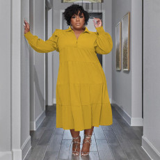 Plus Size Ruffles Shoulder Long Sleeve Bib Swing Dress NNWF-7744