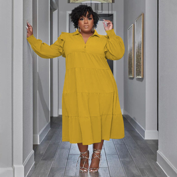 Plus Size Ruffles Shoulder Long Sleeve Bib Swing Dress NNWF-7744