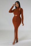 Solid Color High Collar Tank Top And Split Dress Two Piece SetZDF-31263