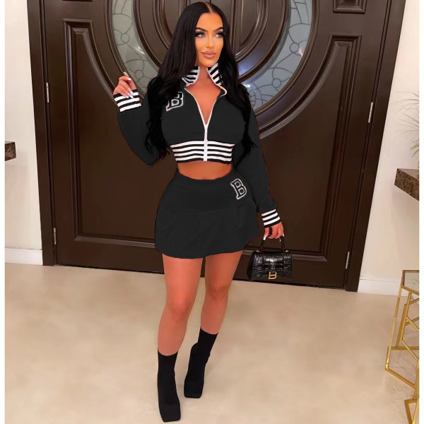 Stripe Splicing Baseball Jacket And Skirt Two Piece Set WSM-5336