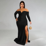 Plus Size Sexy Off Shoulder Solid Color Split Maxi Dress NNWF-7751