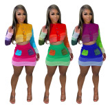 Casual Knits Color Contrast Long Sleeve Two Piece Skirt Set TR-1233