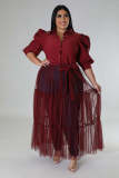 Plus Size Chiffon Mesh Patchwork Puff Sleeve Long Dress OSM-5311