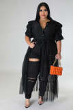 Plus Size Chiffon Mesh Patchwork Puff Sleeve Long Dress OSM-5311