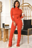 Solid Color High Collar Tops And Ruched Pant Two Piece Set OMY-81063