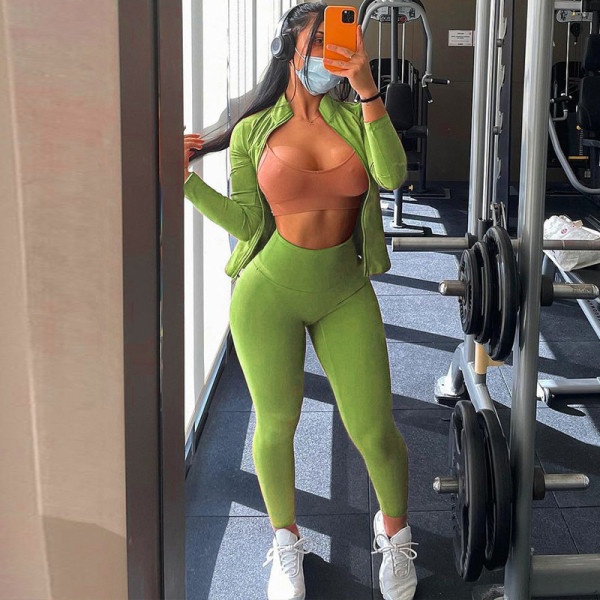 Solid Color Zipper Coat And High Waist Pant Two Piece Set ME-8238