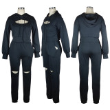 Solid Color Hollow Out Hooded Sweatshirt Pant Two Piece Set TE-4496