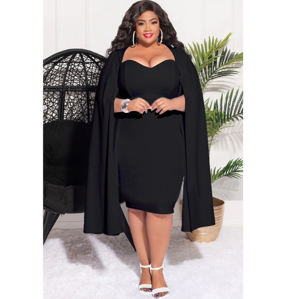Plus Size Solid Color Shawl Sleeve Slim MidI Dress NNWF-7733