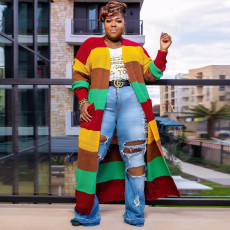 Plus Size Knits Color Blocking Long Sleeve Sweater Cardigan NY-086