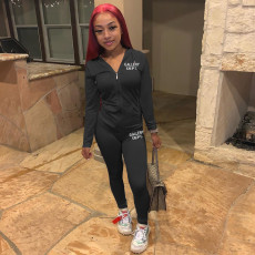 Letter Print  Solid Zipper Hoodies Pant Two Piece Set FSL-117-2