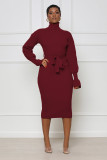 Solid Color High Collar Knits Tie Up Midi Dress TR-1237