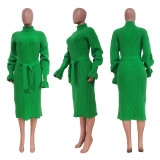 Solid Color High Collar Knits Tie Up Midi Dress TR-1237