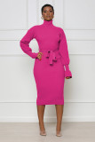 Solid Color High Collar Knits Tie Up Midi Dress TR-1237